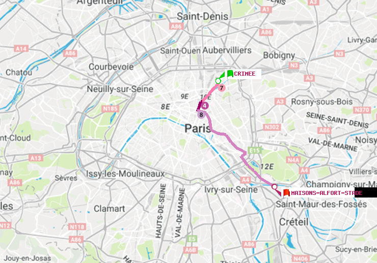 plan itinéraire ratp de Crimée à Maisons-Alfort-Stade