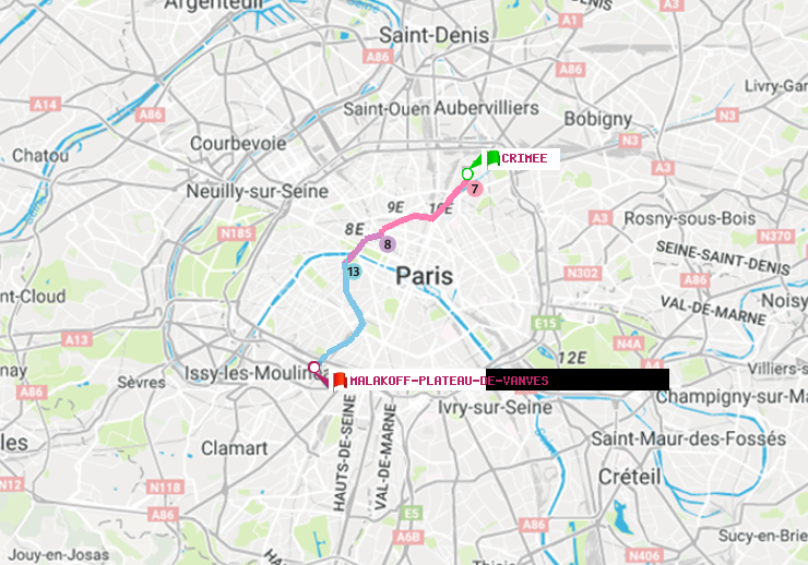 plan itinéraire ratp de Crimée à Malakoff-Plateau de Vanves