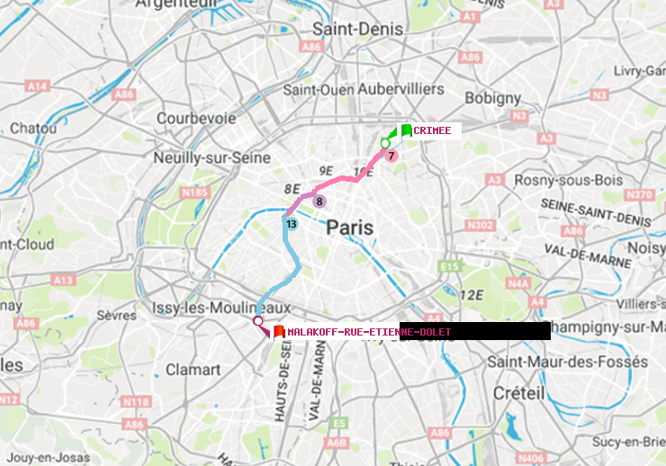 plan itinéraire ratp de Crimée à Malakoff-Rue Etienne Dolet