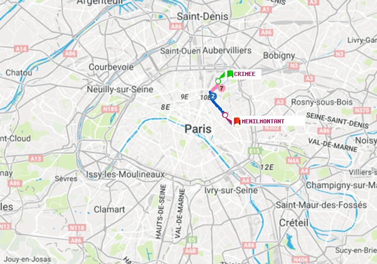 plan itinéraire ratp de Crimée à Ménilmontant