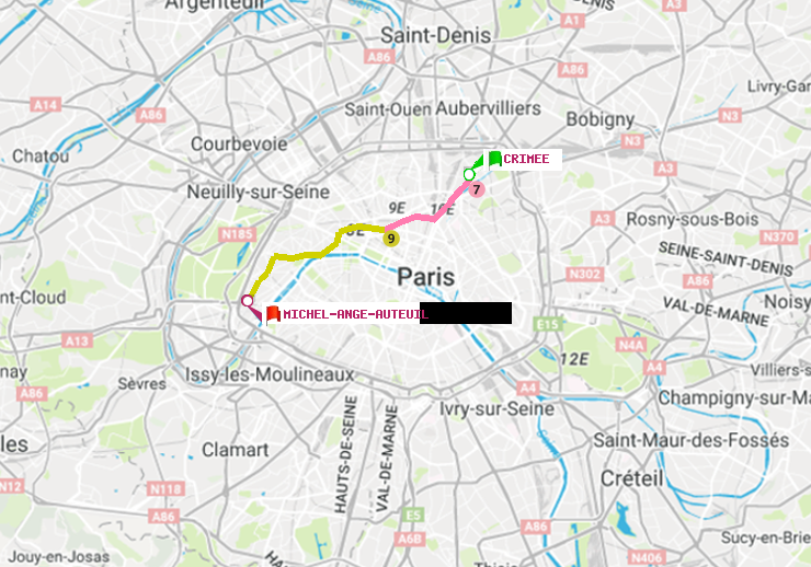 plan itinéraire ratp de Crimée à Michel-Ange-Auteuil