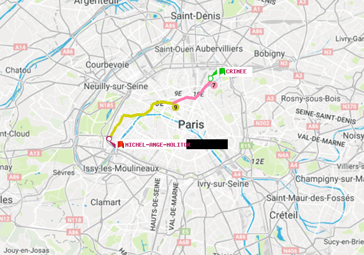 plan itinéraire ratp de Crimée à Michel-Ange-Molitor