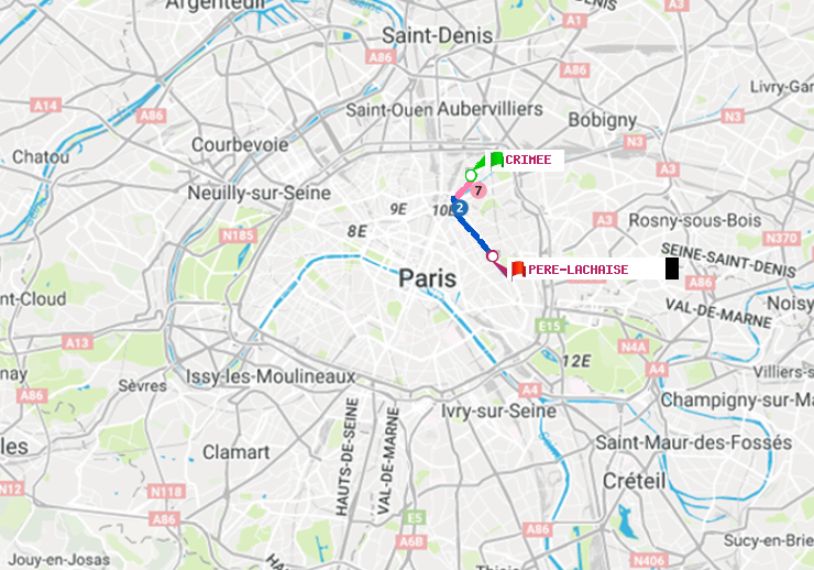 plan itinéraire ratp de Crimée à Père-Lachaise