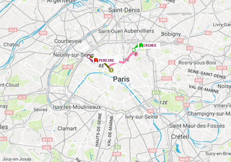 plan itinéraire ratp de Crimée à Péreire