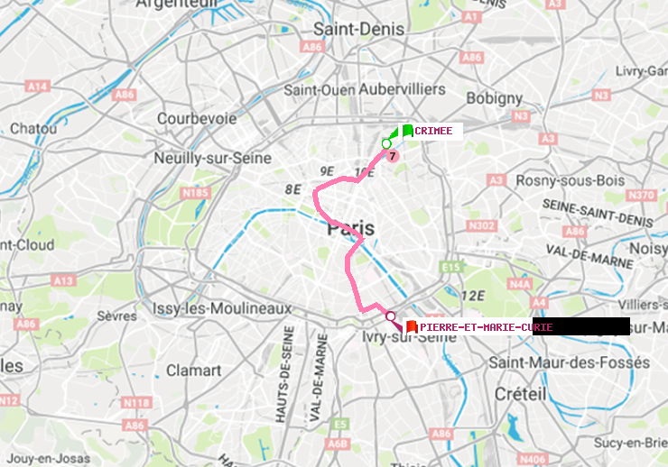 plan itinéraire ratp de Crimée à Pierre et Marie Curie