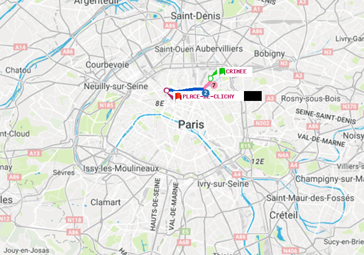 plan itinéraire ratp de Crimée à Place de Clichy