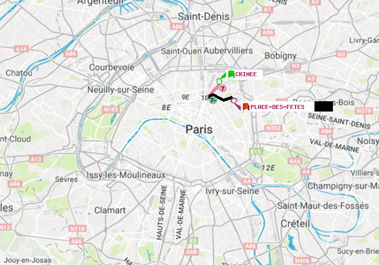 plan itinéraire ratp de Crimée à Place des Fêtes