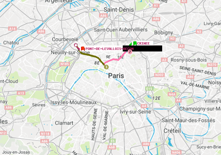 plan itinéraire ratp de Crimée à Pont de Levallois-Bécon