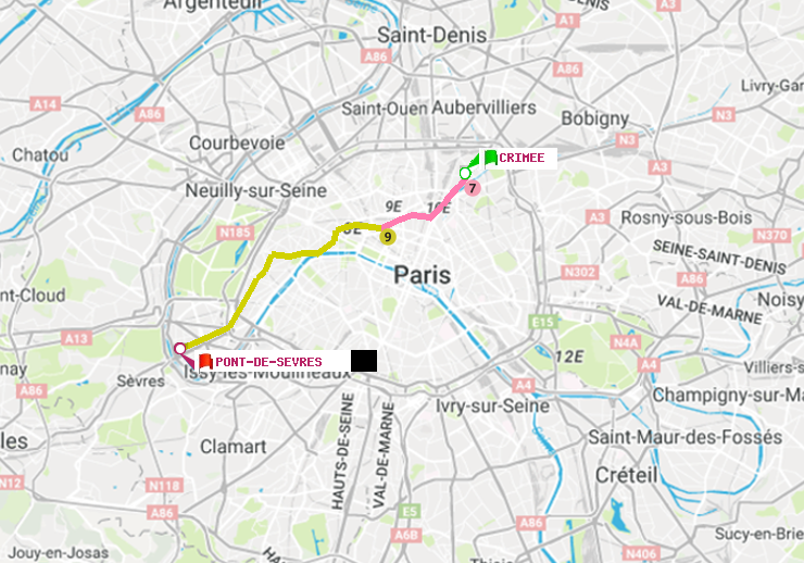 plan itinéraire ratp de Crimée à Pont de Sèvres