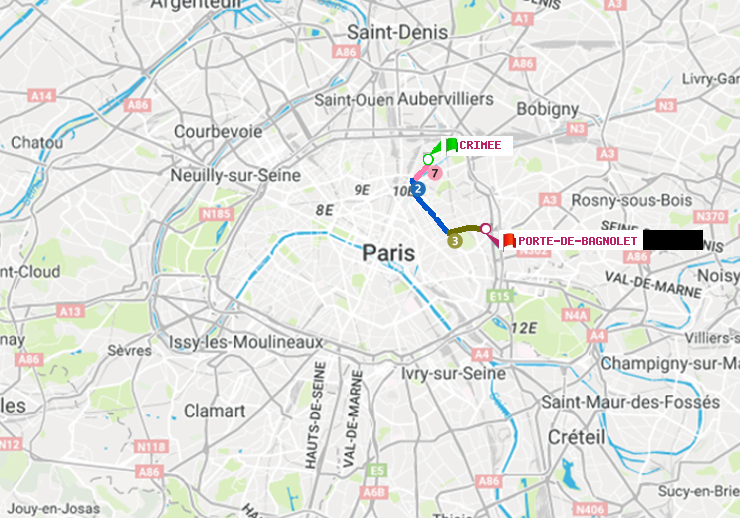 plan itinéraire ratp de Crimée à Porte de Bagnolet