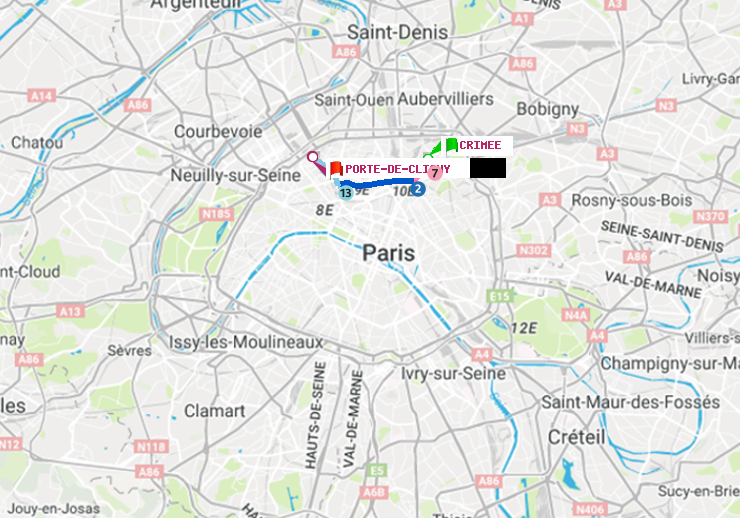 plan itinéraire ratp de Crimée à Porte de Clichy