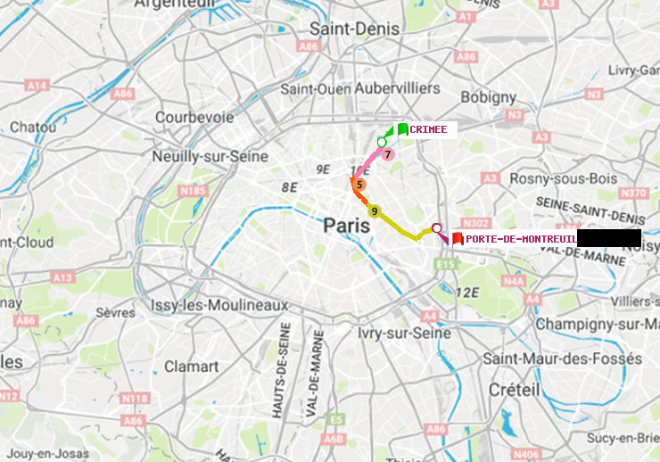 plan itinéraire ratp de Crimée à Porte de Montreuil