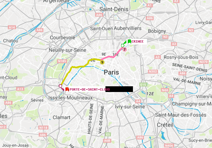 plan itinéraire ratp de Crimée à Porte de Saint-Cloud