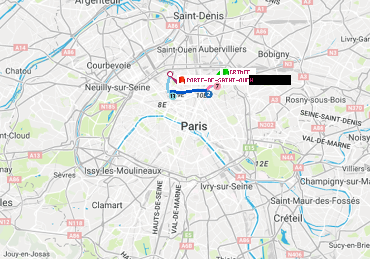 plan itinéraire ratp de Crimée à Porte de Saint-Ouen
