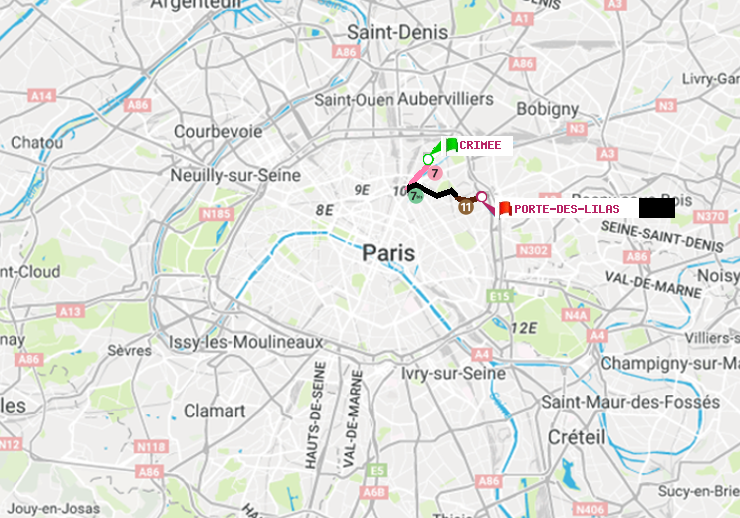 plan itinéraire ratp de Crimée à Porte des Lilas