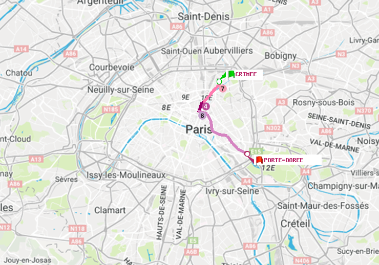 plan itinéraire ratp de Crimée à Porte Dorée