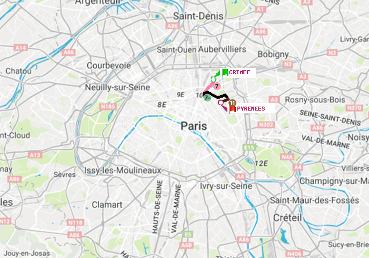 plan itinéraire ratp de Crimée à Pyrenees