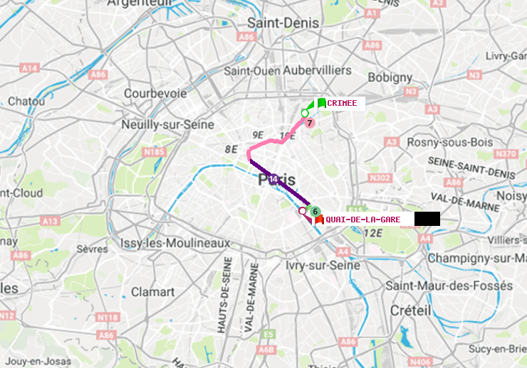 plan itinéraire ratp de Crimée à Quai de la Gare