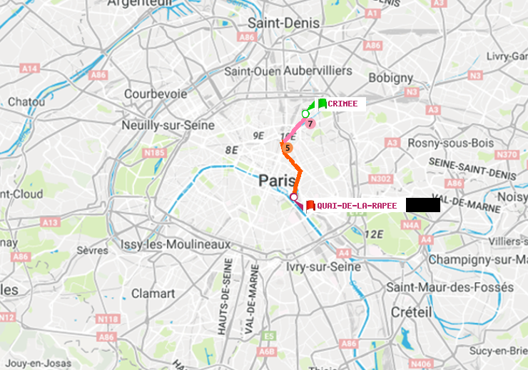 plan itinéraire ratp de Crimée à Quai de la Rapée