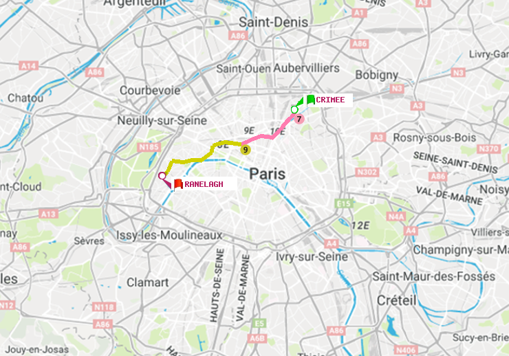 plan itinéraire ratp de Crimée à Ranelagh