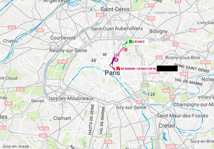 plan itinéraire ratp de Crimée à Réaumur-Sébastopol