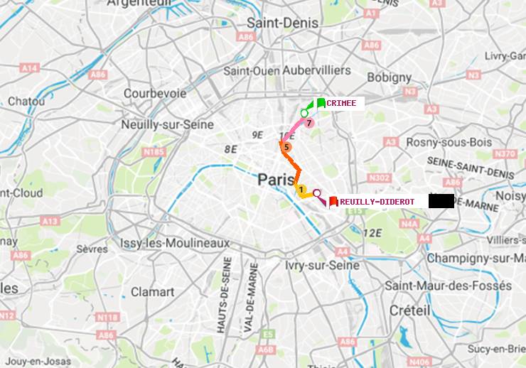 plan itinéraire ratp de Crimée à Reuilly-Diderot
