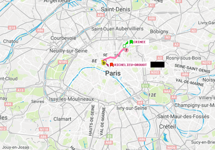 plan itinéraire ratp de Crimée à Richelieu-Drouot