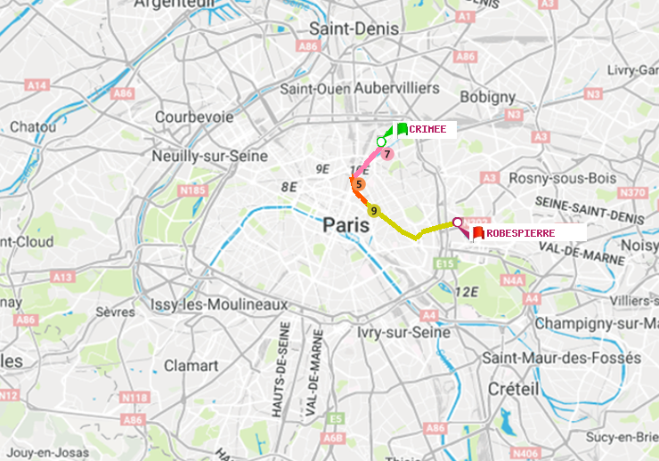 plan itinéraire ratp de Crimée à Robespierre