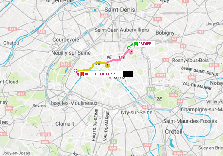 plan itinéraire ratp de Crimée à Rue de la Pompe (Avenue Georges Mandel)