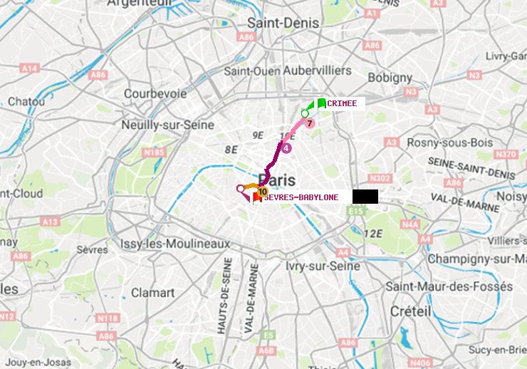 plan itinéraire ratp de Crimée à Sèvres-Babylone