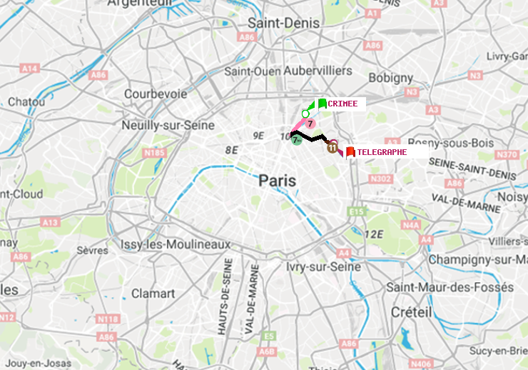 plan itinéraire ratp de Crimée à Telegraphe