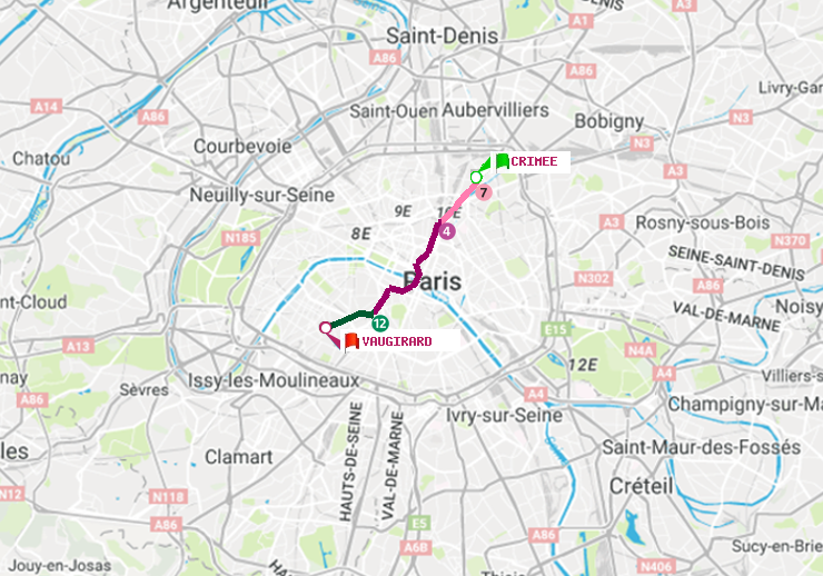 plan itinéraire ratp de Crimée à Vaugirard (Adolphe Chérioux)