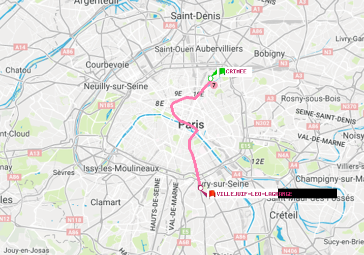 plan itinéraire ratp de Crimée à Villejuif-Léo Lagrange