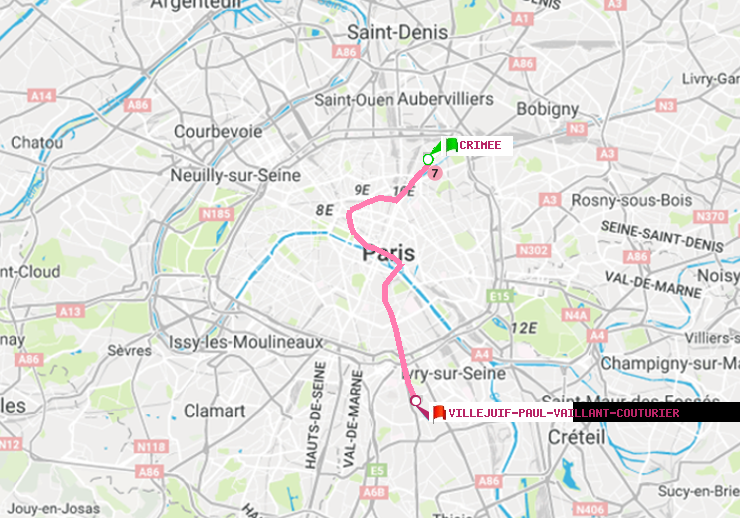 plan itinéraire ratp de Crimée à Villejuif-Paul Vaillant Couturier (Hôpital Paul Brousse)