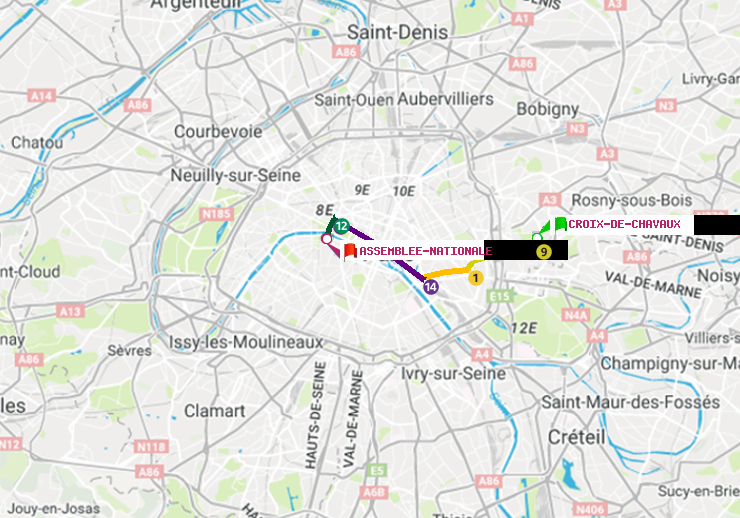 plan itinéraire ratp de Croix-de-Chavaux (Jacques Duclos) à Assemblée Nationale