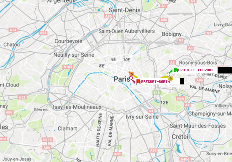 plan itinéraire ratp de Croix-de-Chavaux (Jacques Duclos) à Bréguet-Sabin
