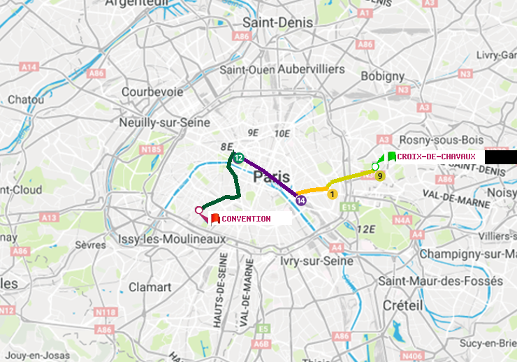 plan itinéraire ratp de Croix-de-Chavaux (Jacques Duclos) à Convention