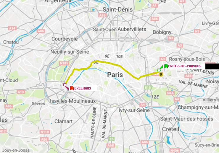 plan itinéraire ratp de Croix-de-Chavaux (Jacques Duclos) à Exelmans