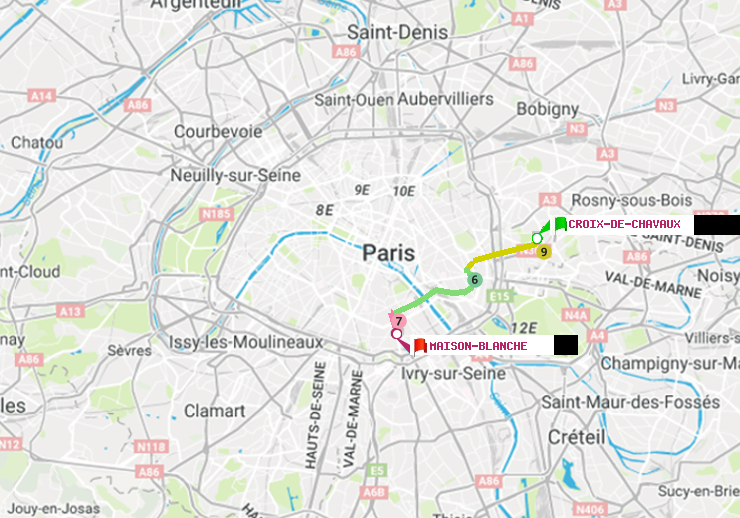 plan itinéraire ratp de Croix-de-Chavaux (Jacques Duclos) à Maison Blanche