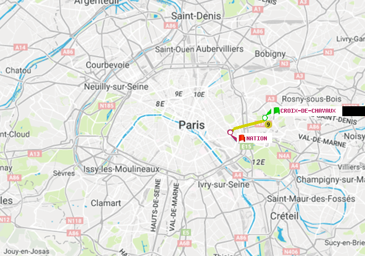 plan itinéraire ratp de Croix-de-Chavaux (Jacques Duclos) à Nation