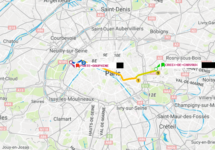 plan itinéraire ratp de Croix-de-Chavaux (Jacques Duclos) à Porte Dauphine (Maréchal de Lattre de Tassigny)