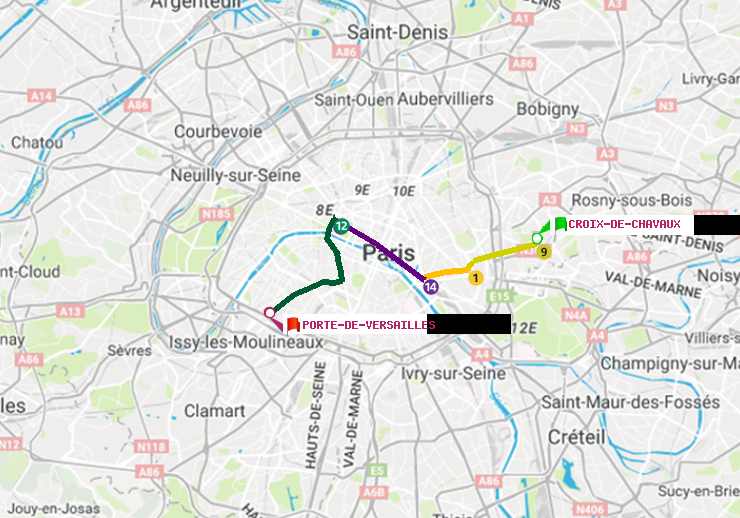 plan itinéraire ratp de Croix-de-Chavaux (Jacques Duclos) à Porte de Versailles