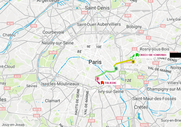 plan itinéraire ratp de Croix-de-Chavaux (Jacques Duclos) à Tolbiac