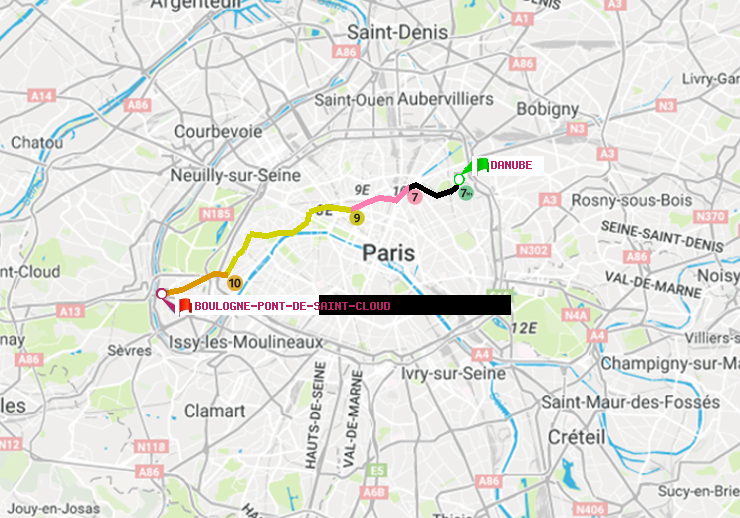 plan itinéraire ratp de Danube à Boulogne Pont de Saint-Cloud