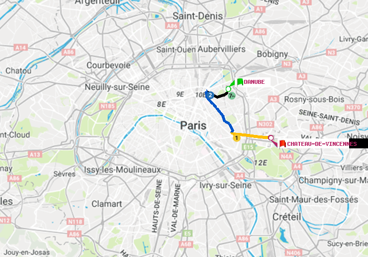 plan itinéraire ratp de Danube à Château de Vincennes