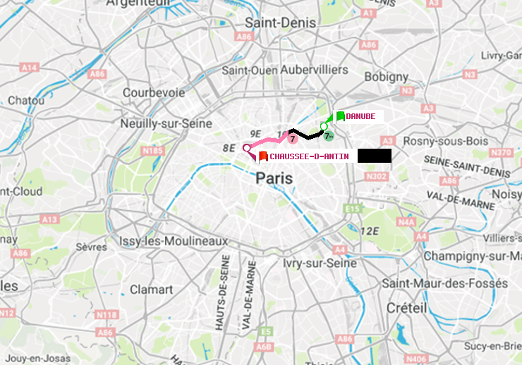 plan itinéraire ratp de Danube à Chaussée d