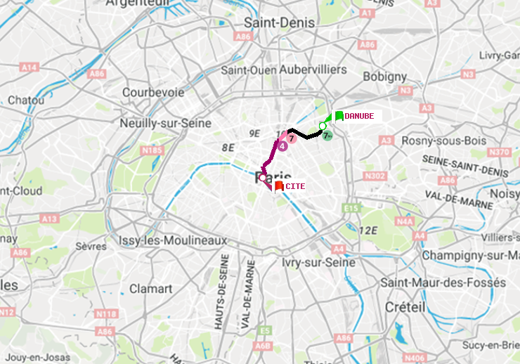 plan itinéraire ratp de Danube à Cité