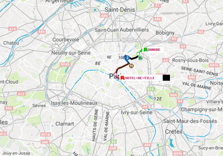 plan itinéraire ratp de Danube à Hôtel de Ville