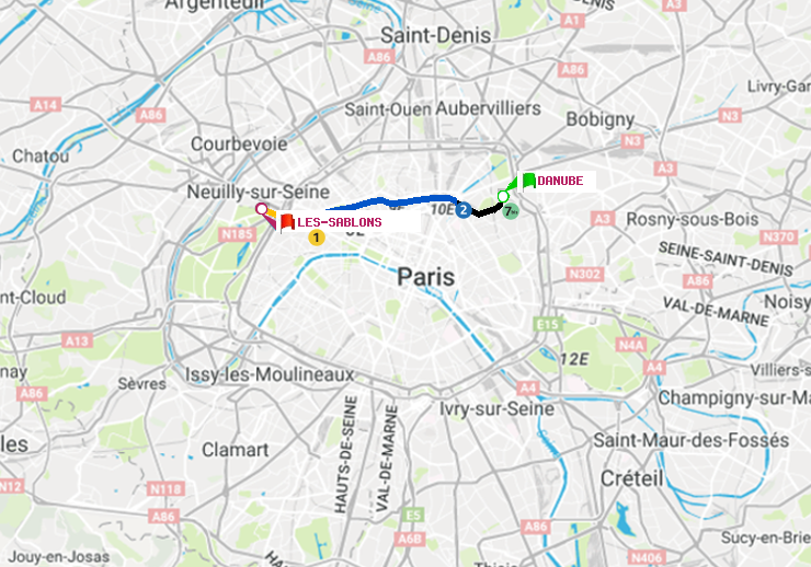 plan itinéraire ratp de Danube à Les Sablons (Jardin d