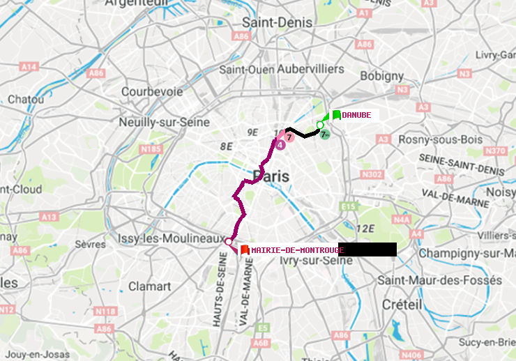 plan itinéraire ratp de Danube à Mairie de Montrouge